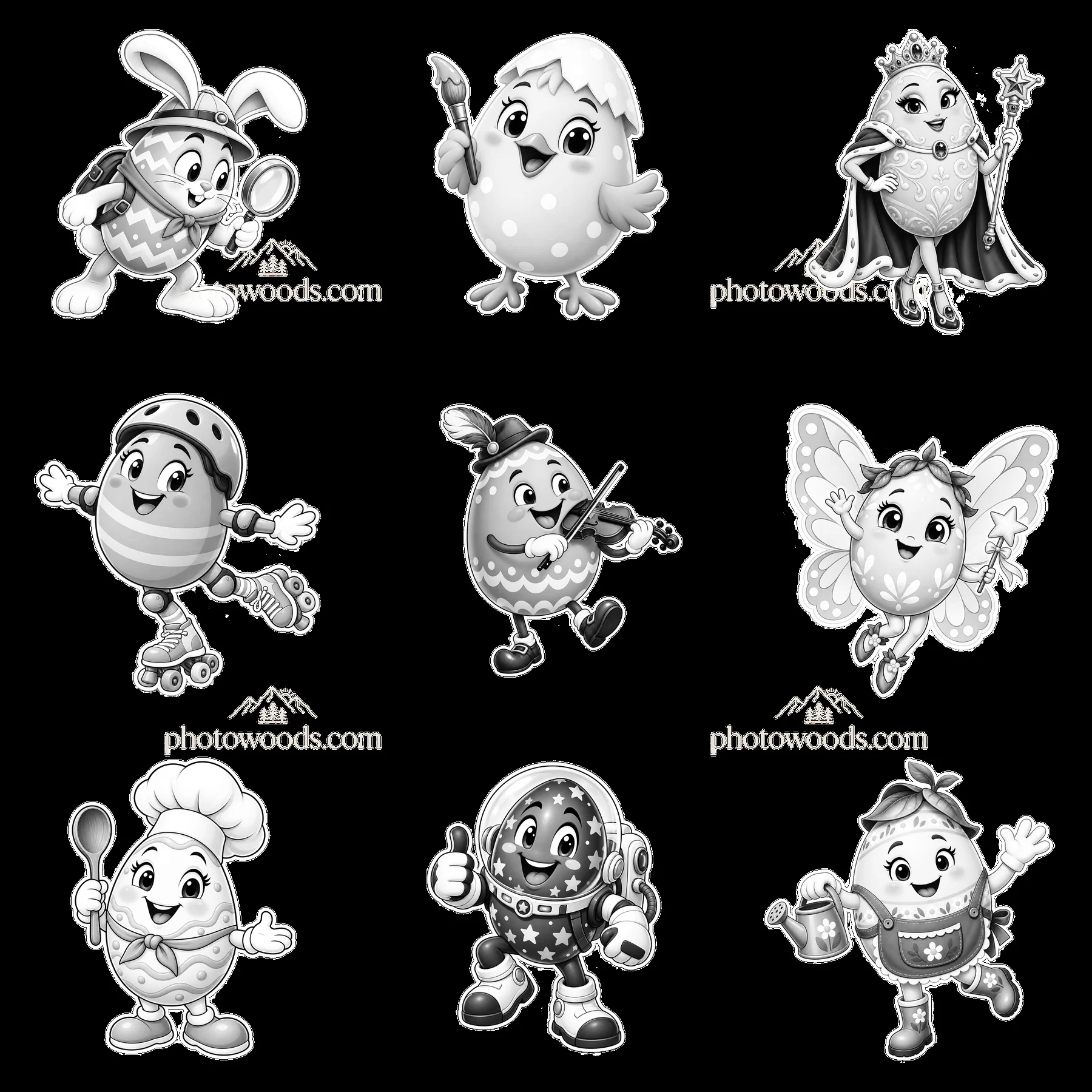 Monochrome nine cartoon figure stickers in a square arrangement - AI-generated stock image