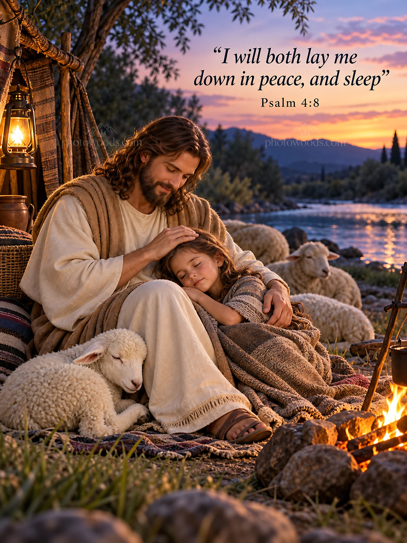 Jesus Christ comforting a child in a pastoral setting - AI-generated stock image