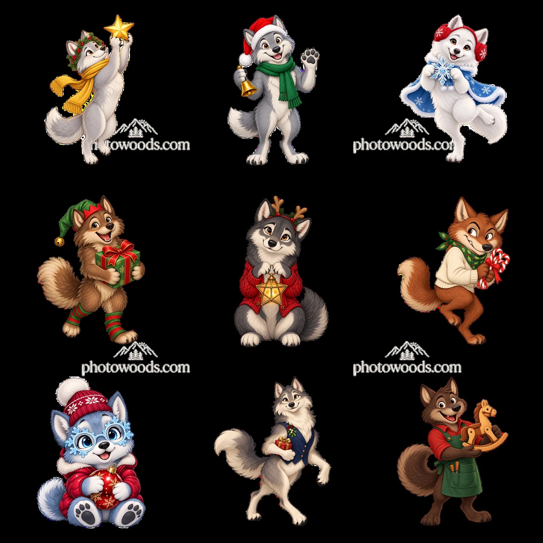 Christmas wolves celebrating in a 3x3 cartoon sticker layout - AI-generated stock image