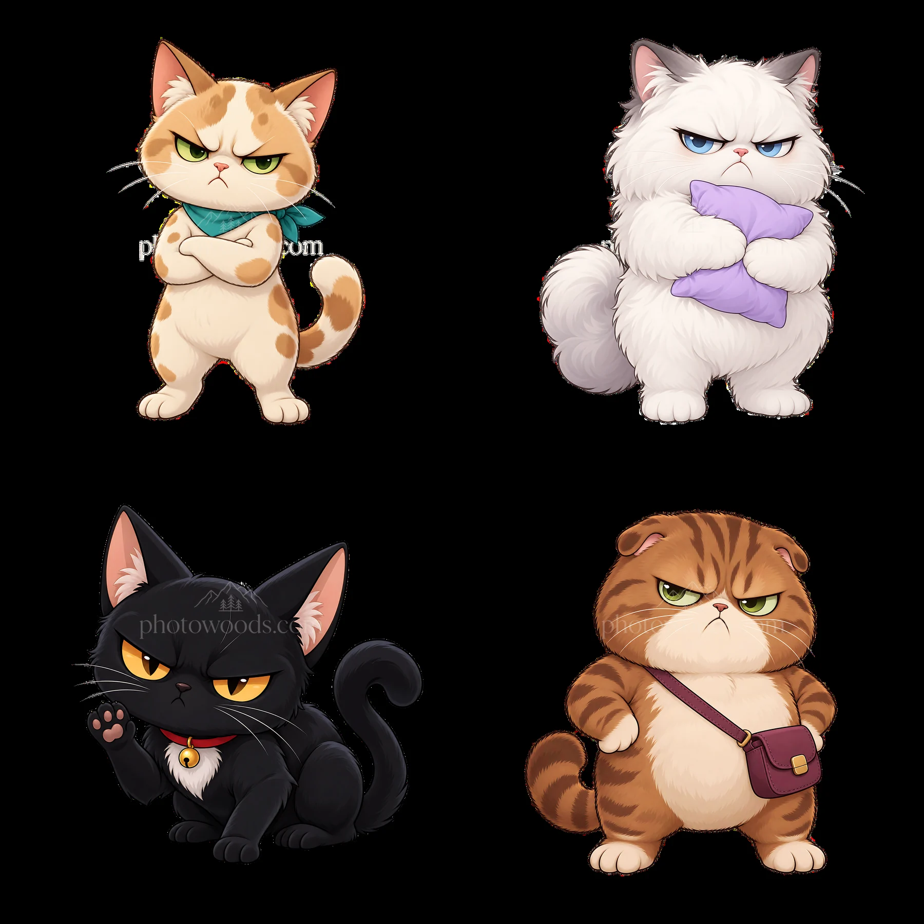 Kawaii grumpy cats in a playful cartoon sticker set - AI-generated stock image