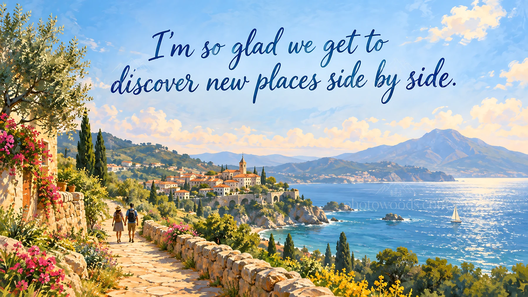 Romantic travel greeting with couple by the sea - AI-generated stock image