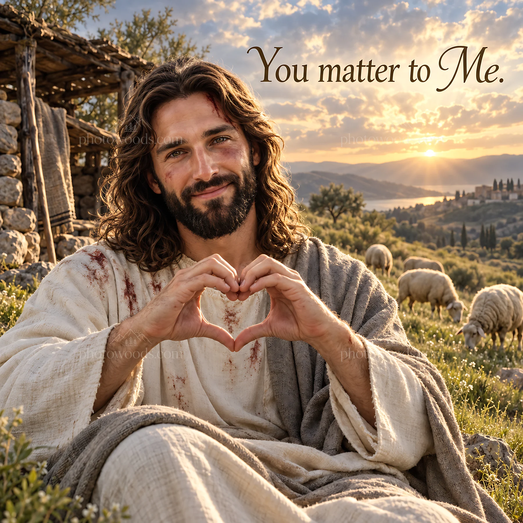 Jesus Christ forming a heart shape with hands in a natural setting - AI-generated stock image