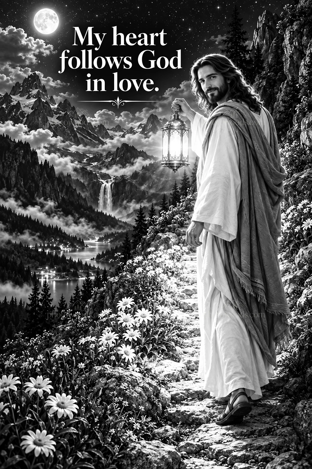 Jesus Christ walking with a lantern in a scenic landscape - AI-generated stock image