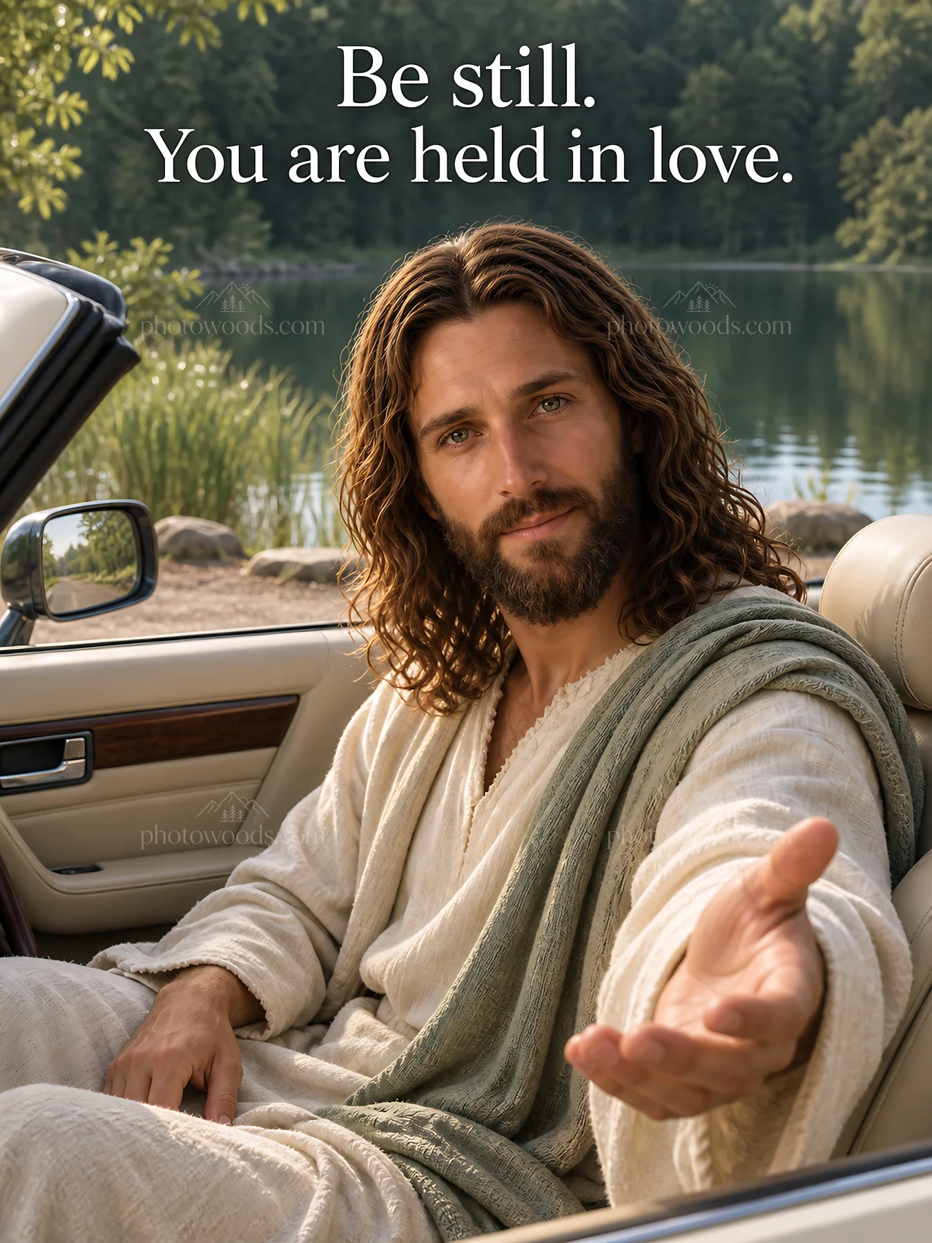 Jesus Christ extending a hand by the lakeside - AI-generated stock image