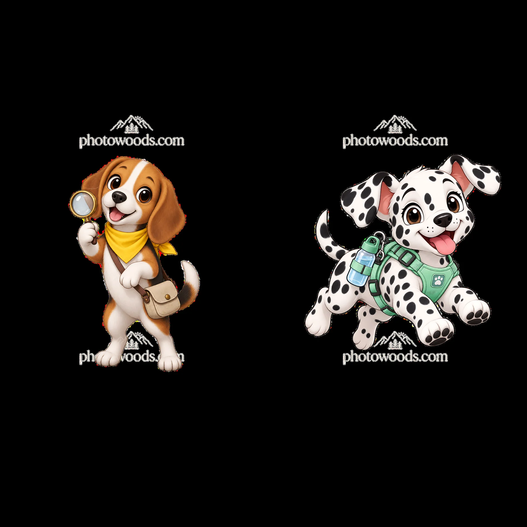Beagle with a magnifying glass and a playful Dalmatian dog - AI-generated stock image