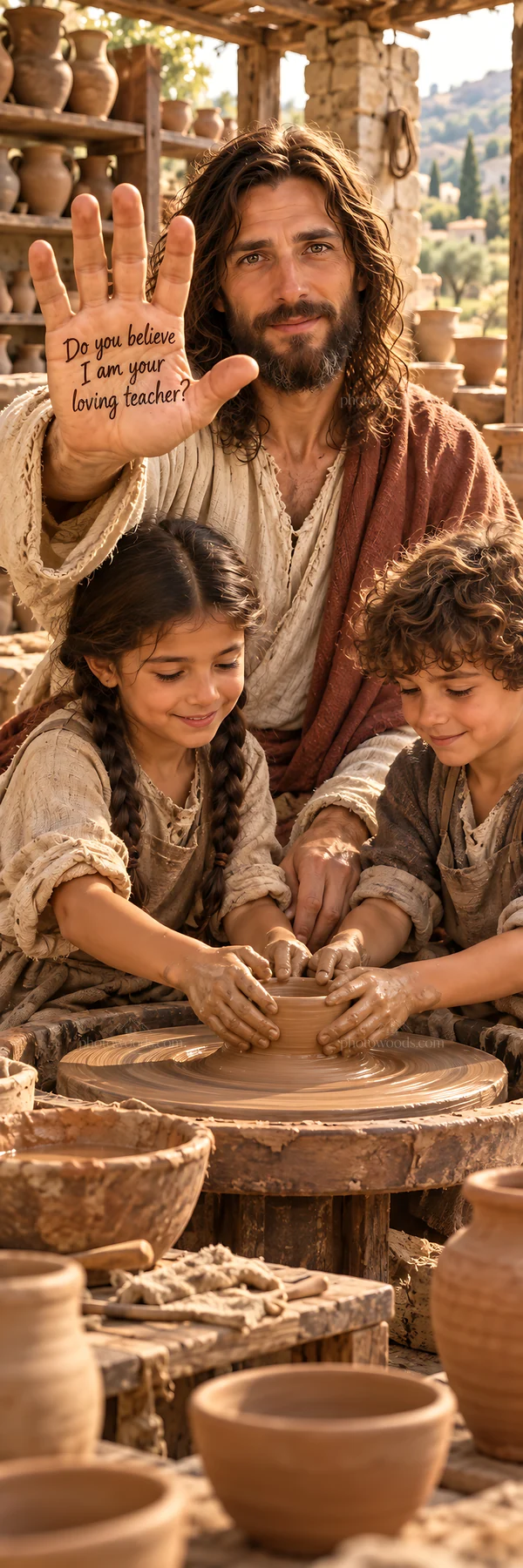 Jesus Christ teaching children pottery - AI-generated stock image
