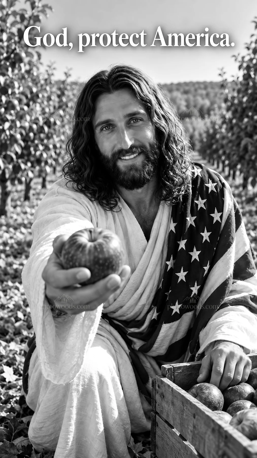 Jesus Christ offering an apple in an orchard setting - AI-generated stock image
