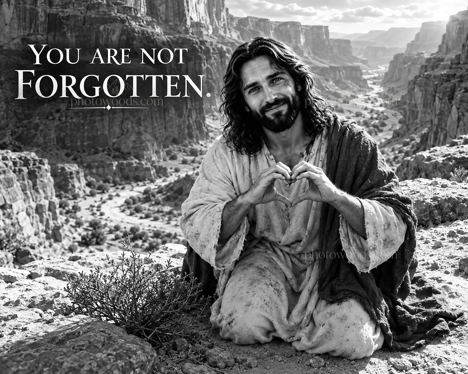Jesus Christ showing love with a heart gesture in the mountains - AI-generated stock image