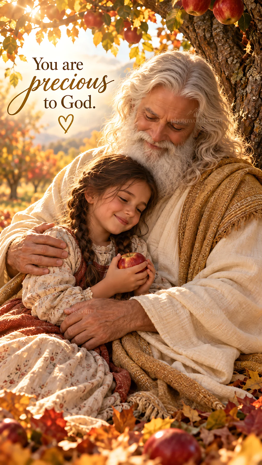 Jesus Christ comforting a child in autumn setting - AI-generated stock image
