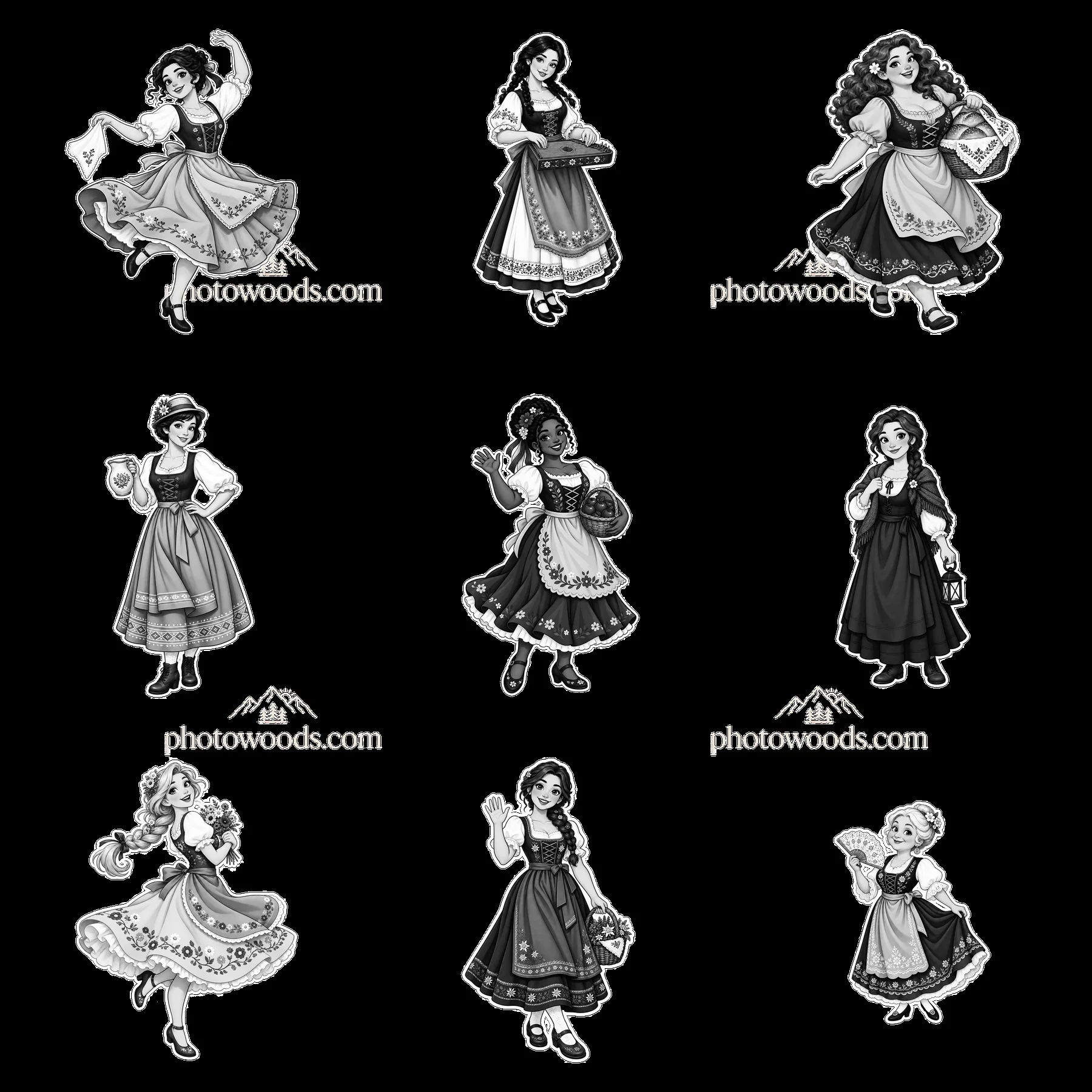 Women in traditional folk dresses in a 3x3 arrangement - AI-generated stock image