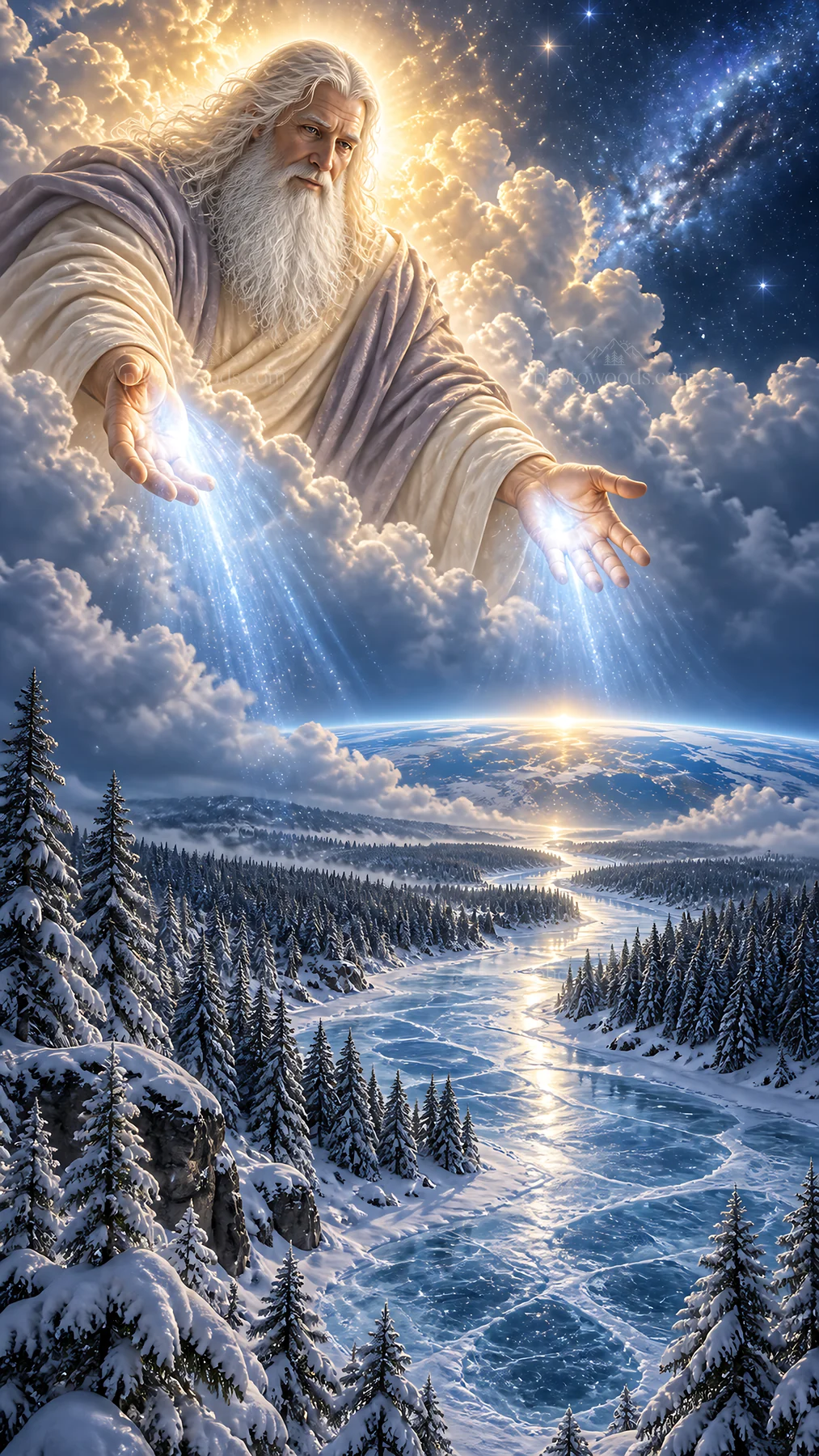 Jesus Christ reaching out from the clouds over a winter landscape - AI-generated stock image