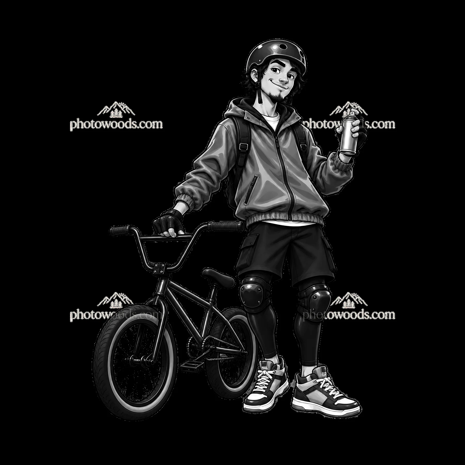 Cool graffiti sprayer with bike and spray paint can in urban setting - AI-generated stock image