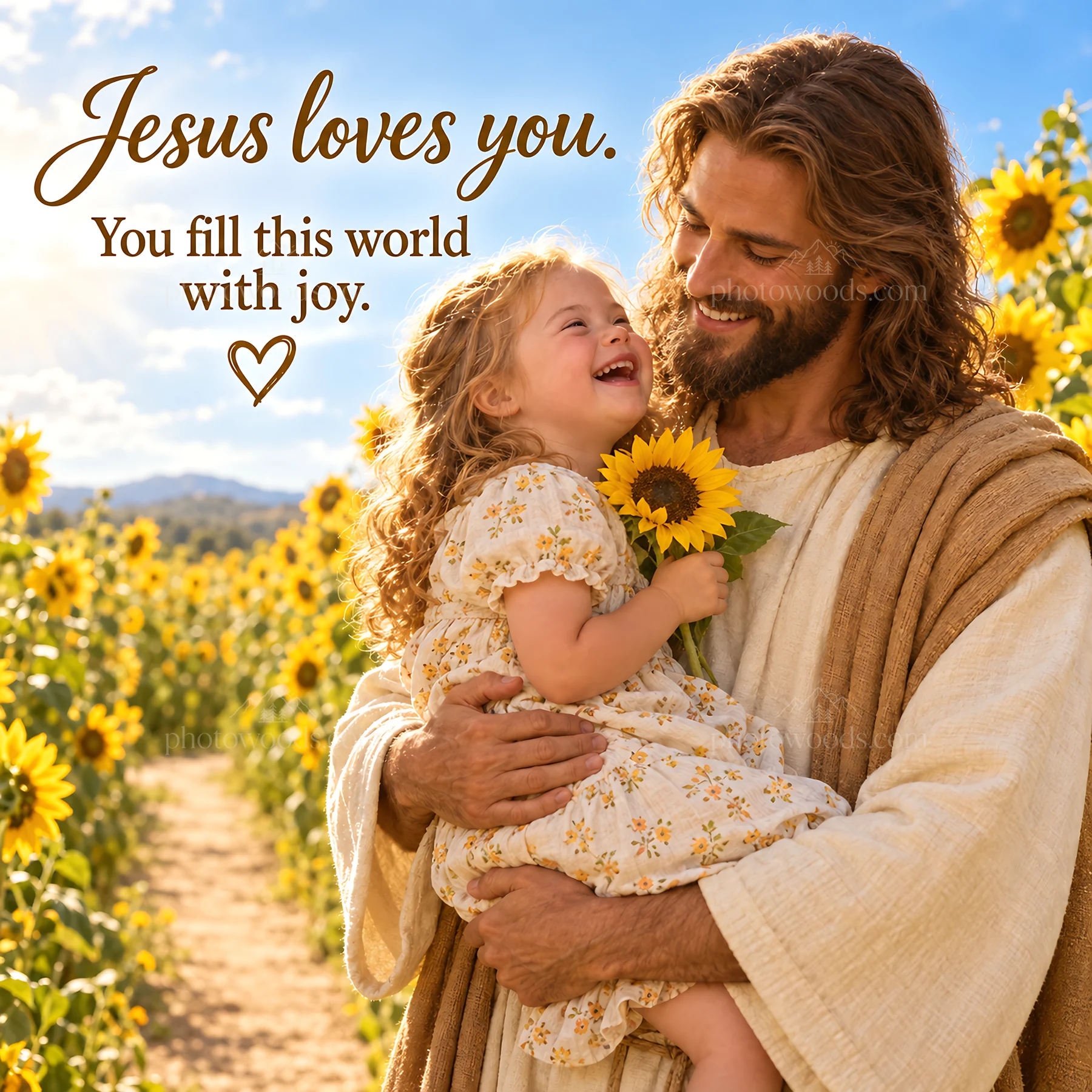 Jesus Christ shares joy with a child in a sunflower field - AI-generated stock image