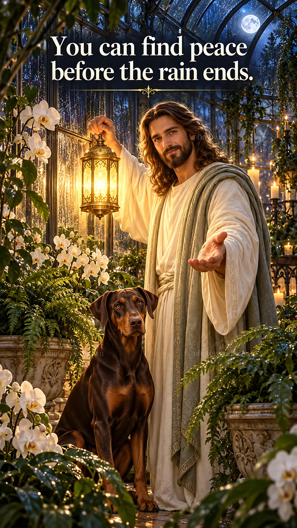 Jesus Christ welcoming with light in a garden scene - AI-generated stock image