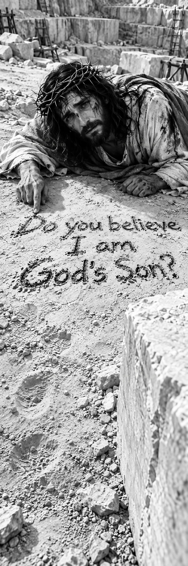 Jesus Christ writing a message in the sand - AI-generated stock image