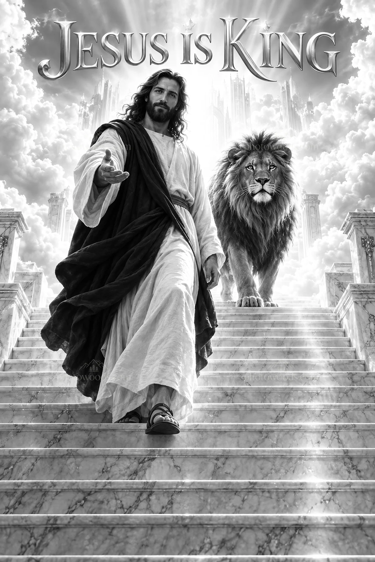 Jesus Christ welcoming viewers with a lion by his side - AI-generated stock image