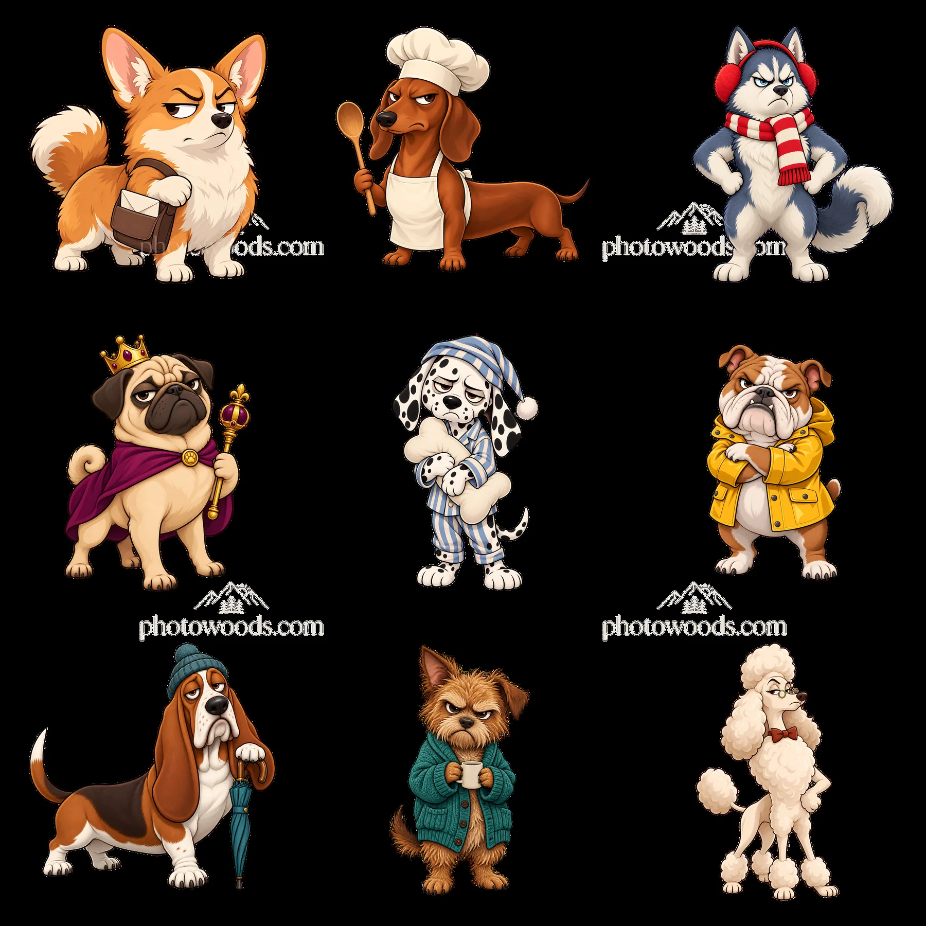 Grumpy dog-themed cartoon sticker sheet with various characters - AI-generated stock image