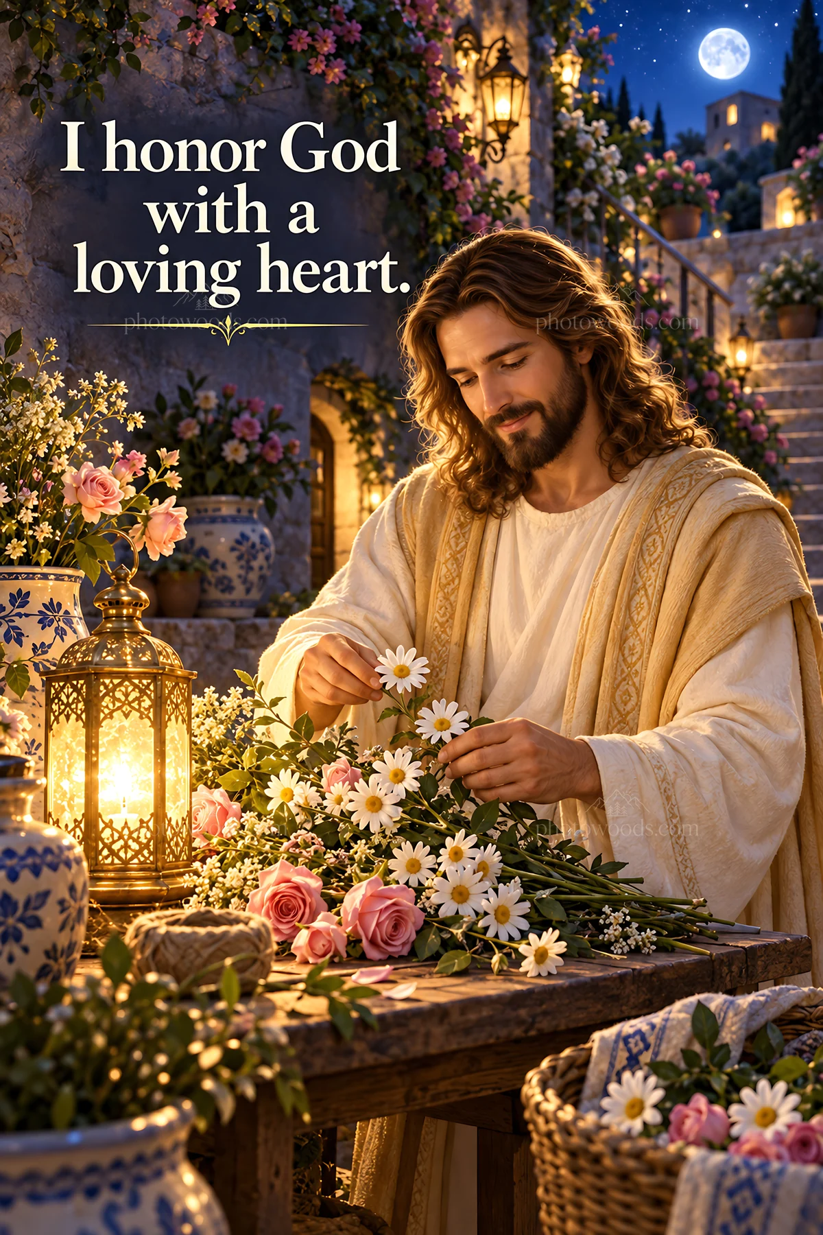 Jesus Christ arranging flowers in a garden setting - AI-generated stock image