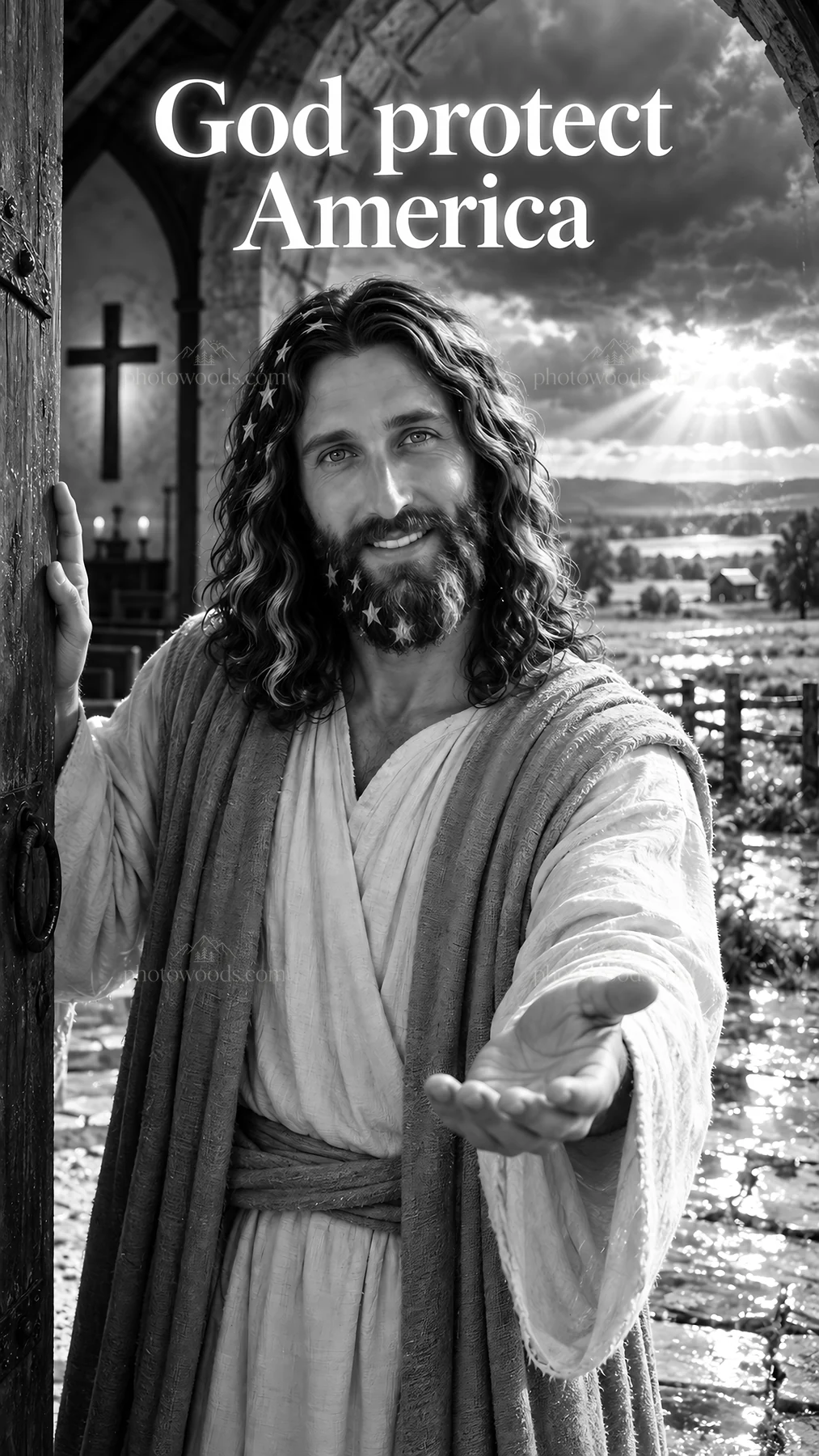 Jesus Christ welcoming in a symbolic setting - AI-generated stock image