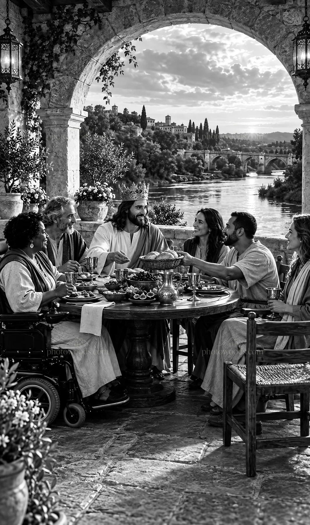Jesus Christ sharing a meal with followers by the river - AI-generated stock image