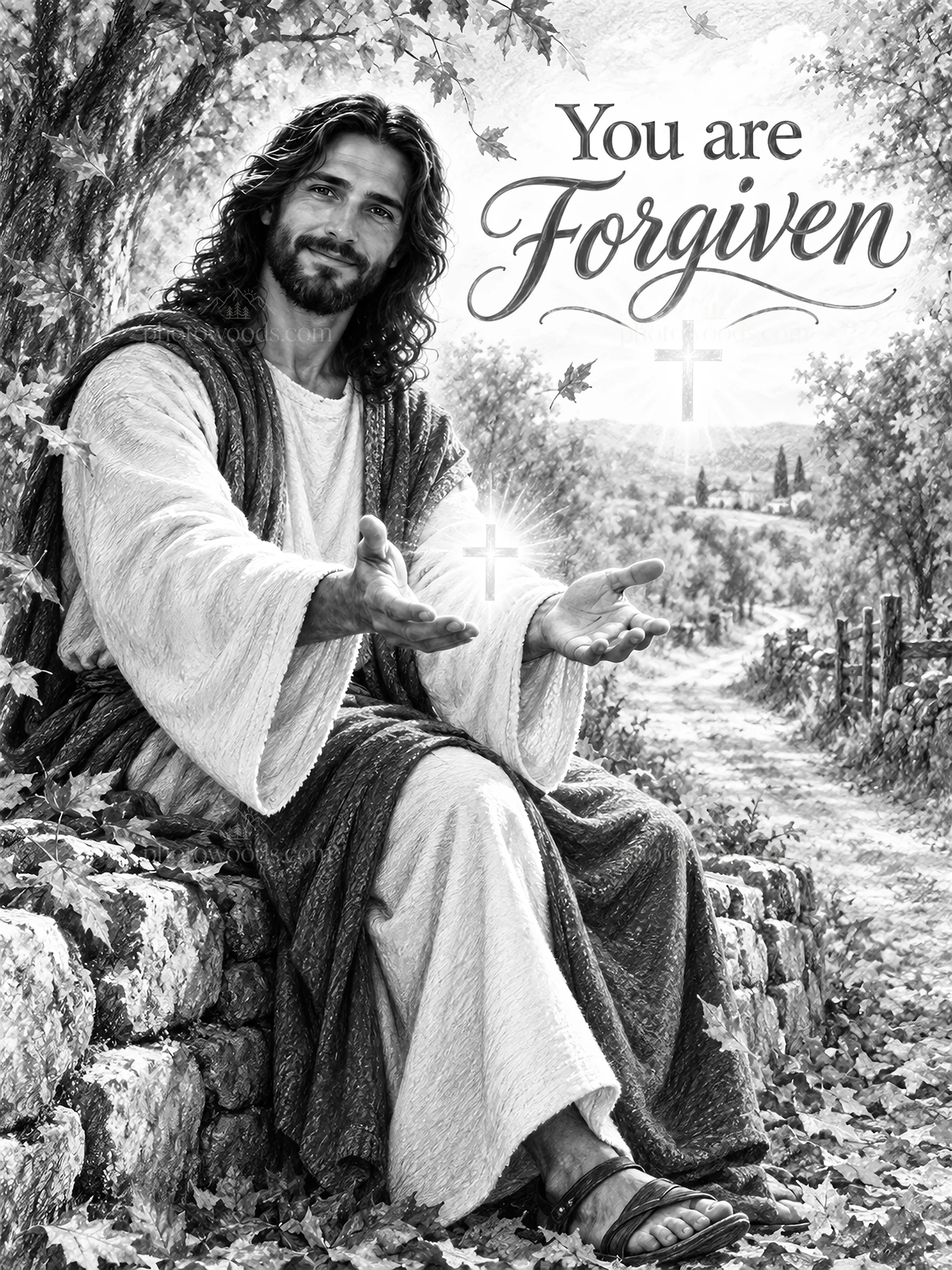 Jesus Christ offering forgiveness in a peaceful landscape - AI-generated stock image
