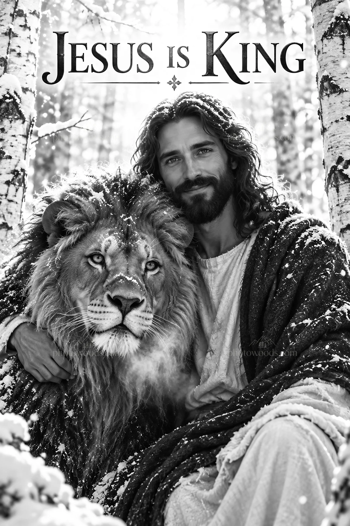 Jesus Christ sitting with a lion in a snowy forest - AI-generated stock image