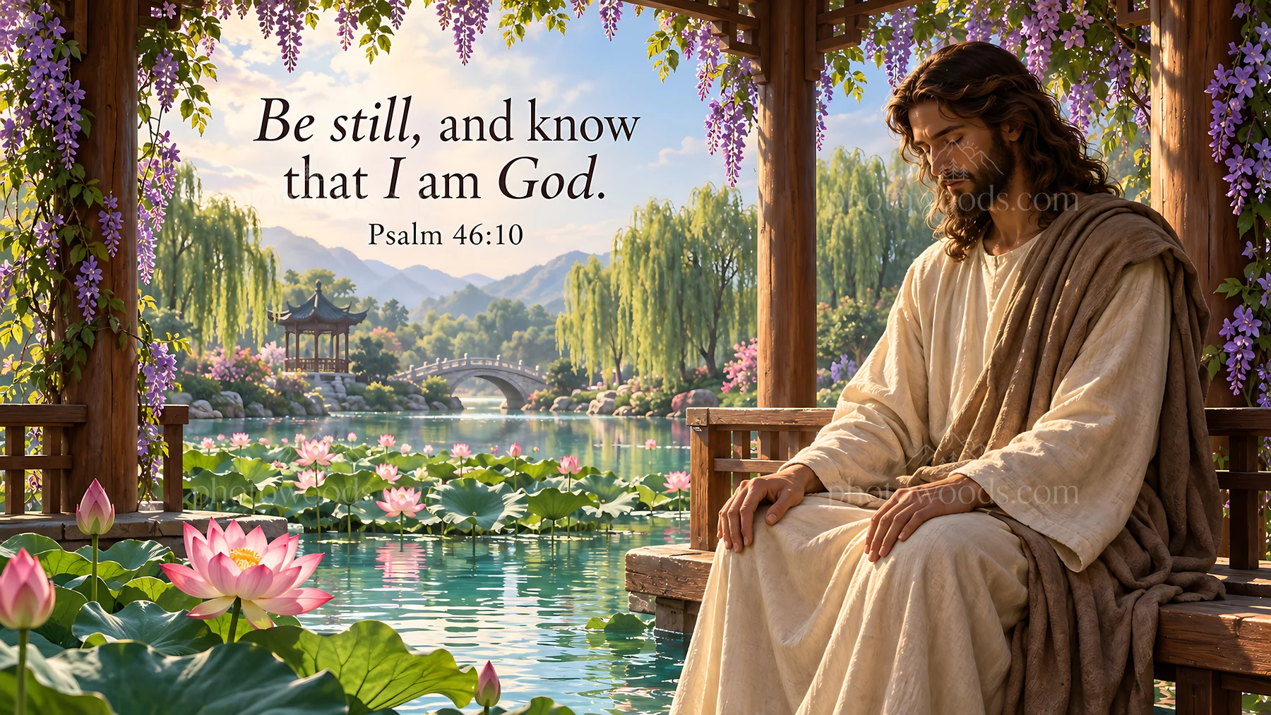 Jesus Christ teaching in a serene garden setting - AI-generated stock image