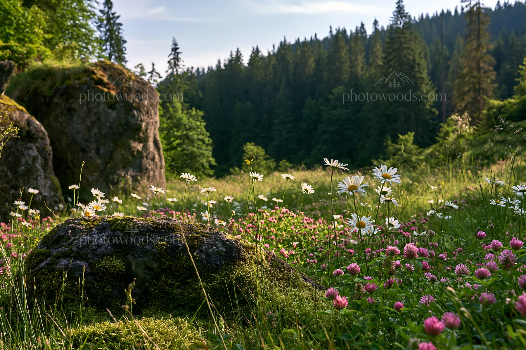 Mossy boulder in meadow with wildflowers and forest backdrop - AI-generated stock image