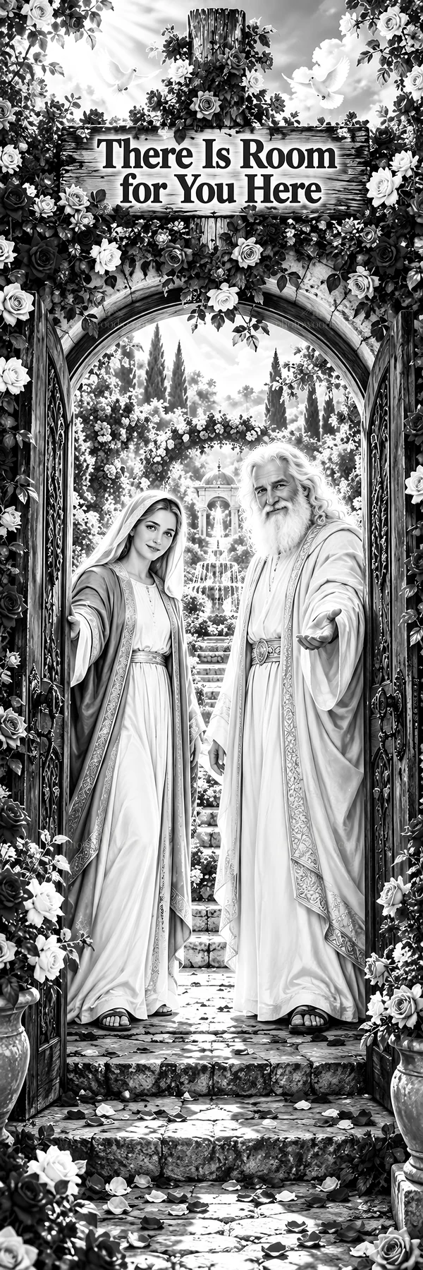 Jesus Christ welcomes with love in a floral archway scene - AI-generated stock image
