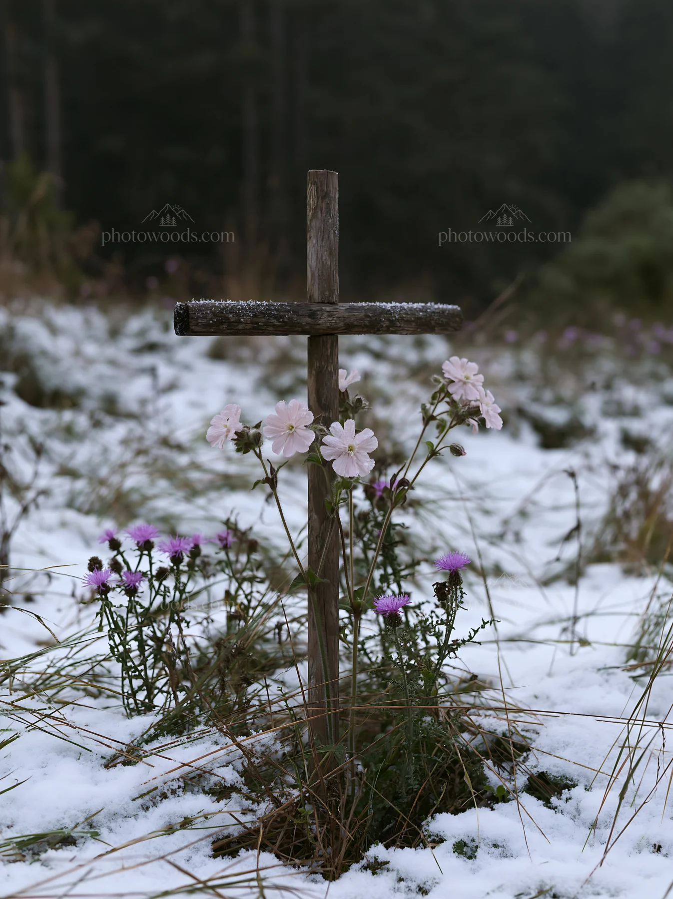Christian cross surrounded by flowers in snowy meadow - AI-generated stock image