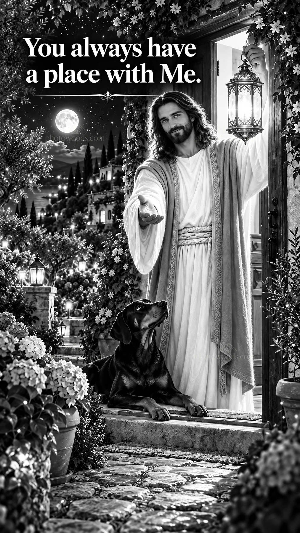 Jesus Christ welcoming with an open hand and a dog - AI-generated stock image