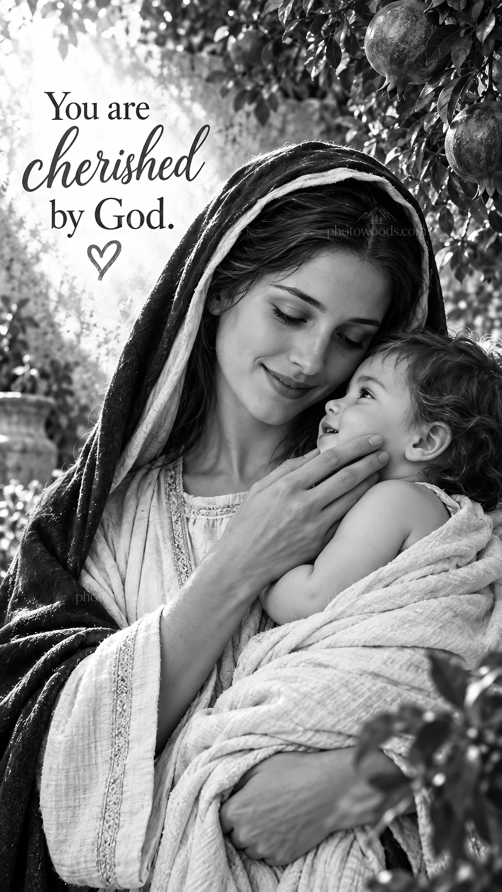 Jesus Christ with a woman and child in a moment of love - AI-generated stock image