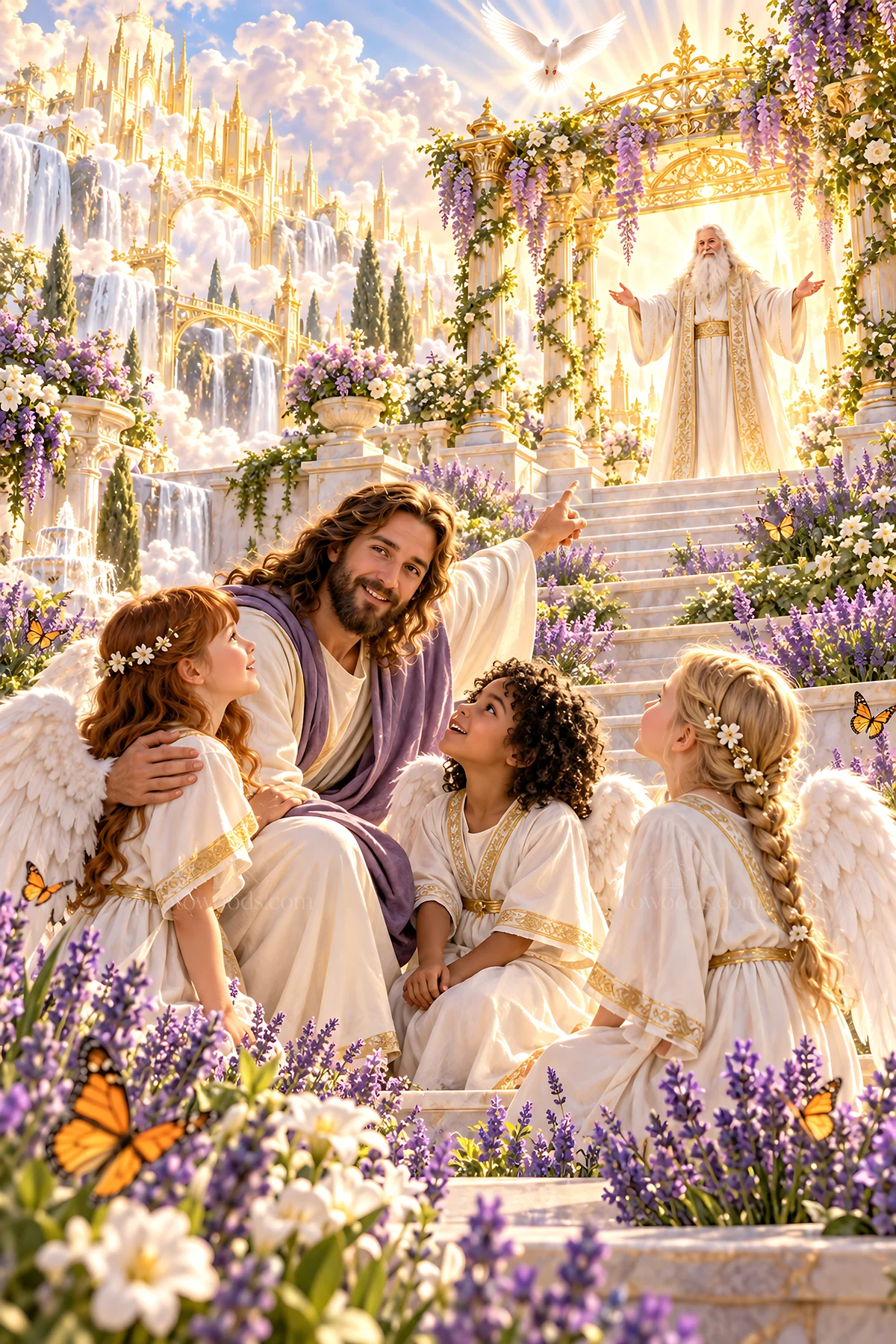 Jesus Christ teaches children in a beautiful garden setting - AI-generated stock image
