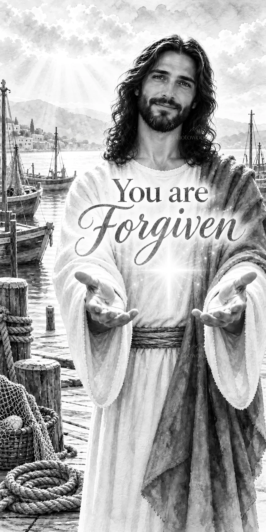 Jesus Christ offers forgiveness with outstretched hands - AI-generated stock image