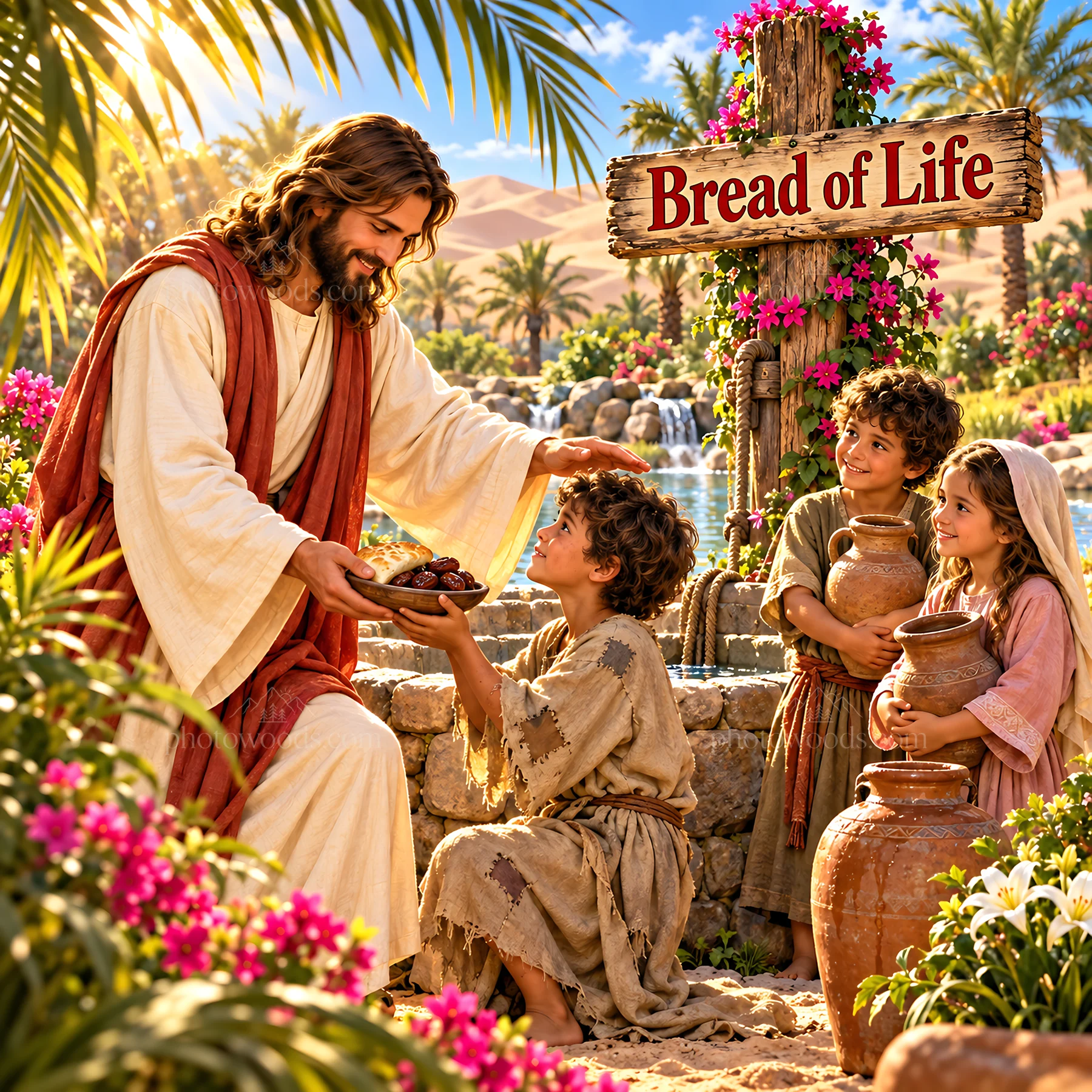 Jesus Christ sharing food with children in a garden - AI-generated stock image