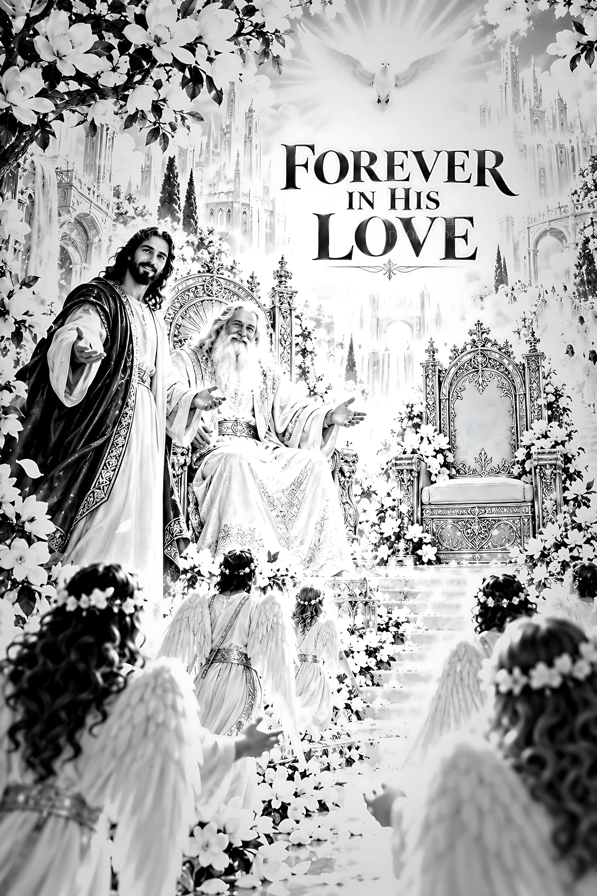 Forever in His Love with angels and holy figures - AI-generated stock image