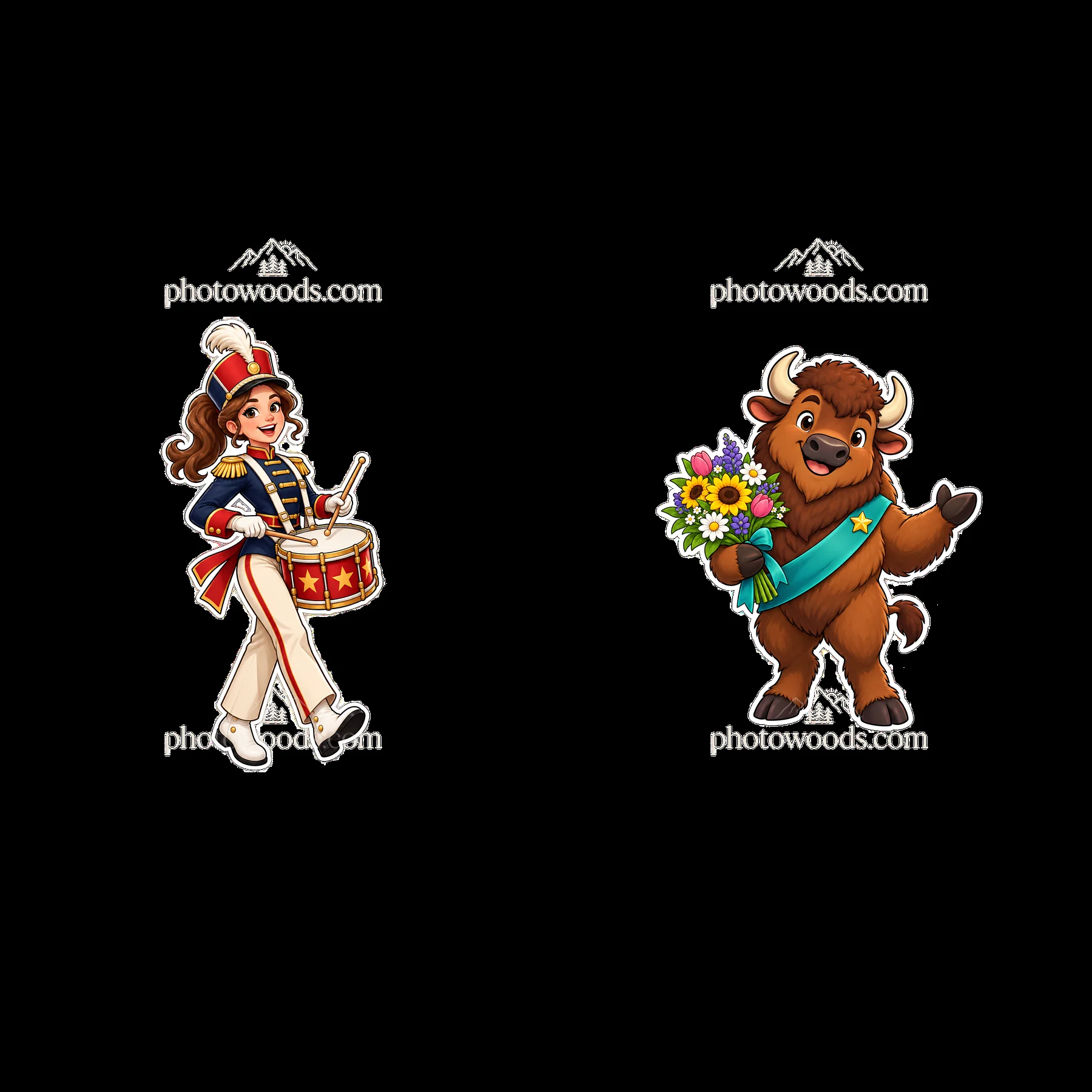 Drummer girl and bison with flowers character stickers - AI-generated stock image