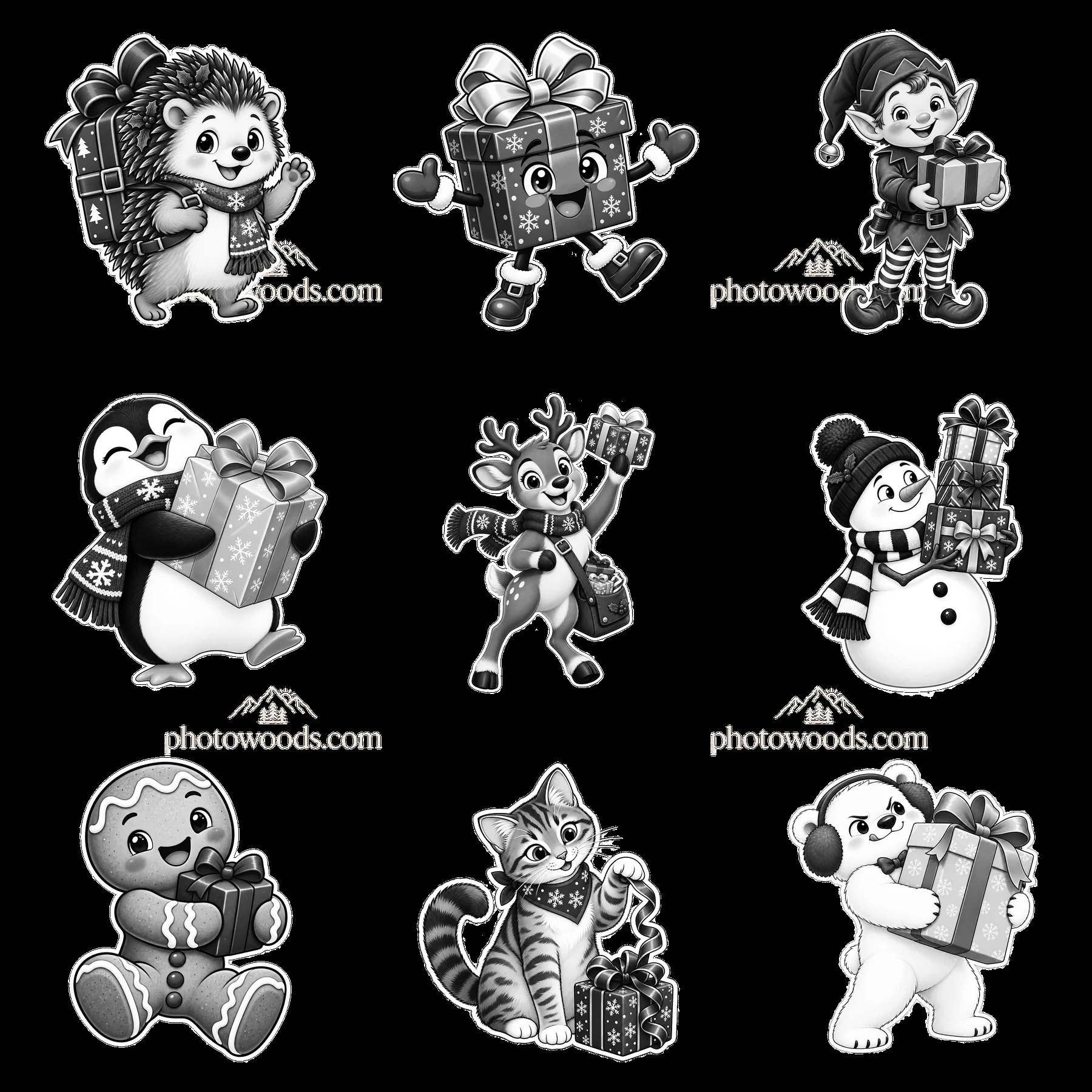 Cartoon animals celebrating Christmas by holding presents - AI-generated stock image