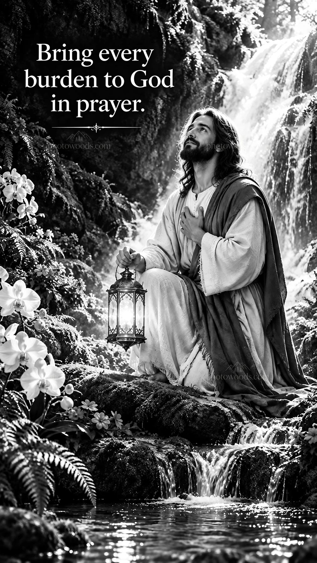 Jesus Christ praying with a lantern in nature - AI-generated stock image