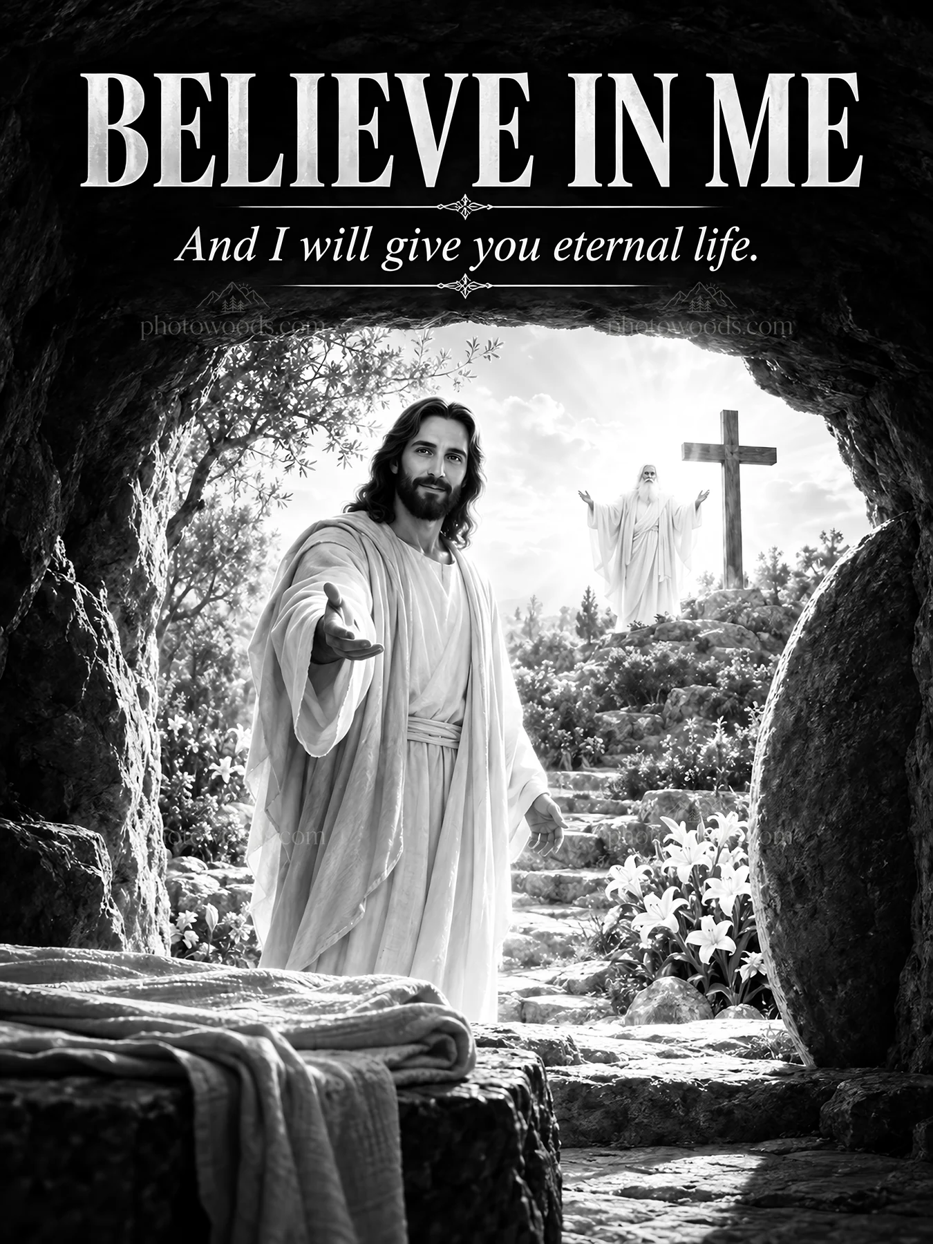 Jesus Christ offering eternal life in a garden setting - AI-generated stock image