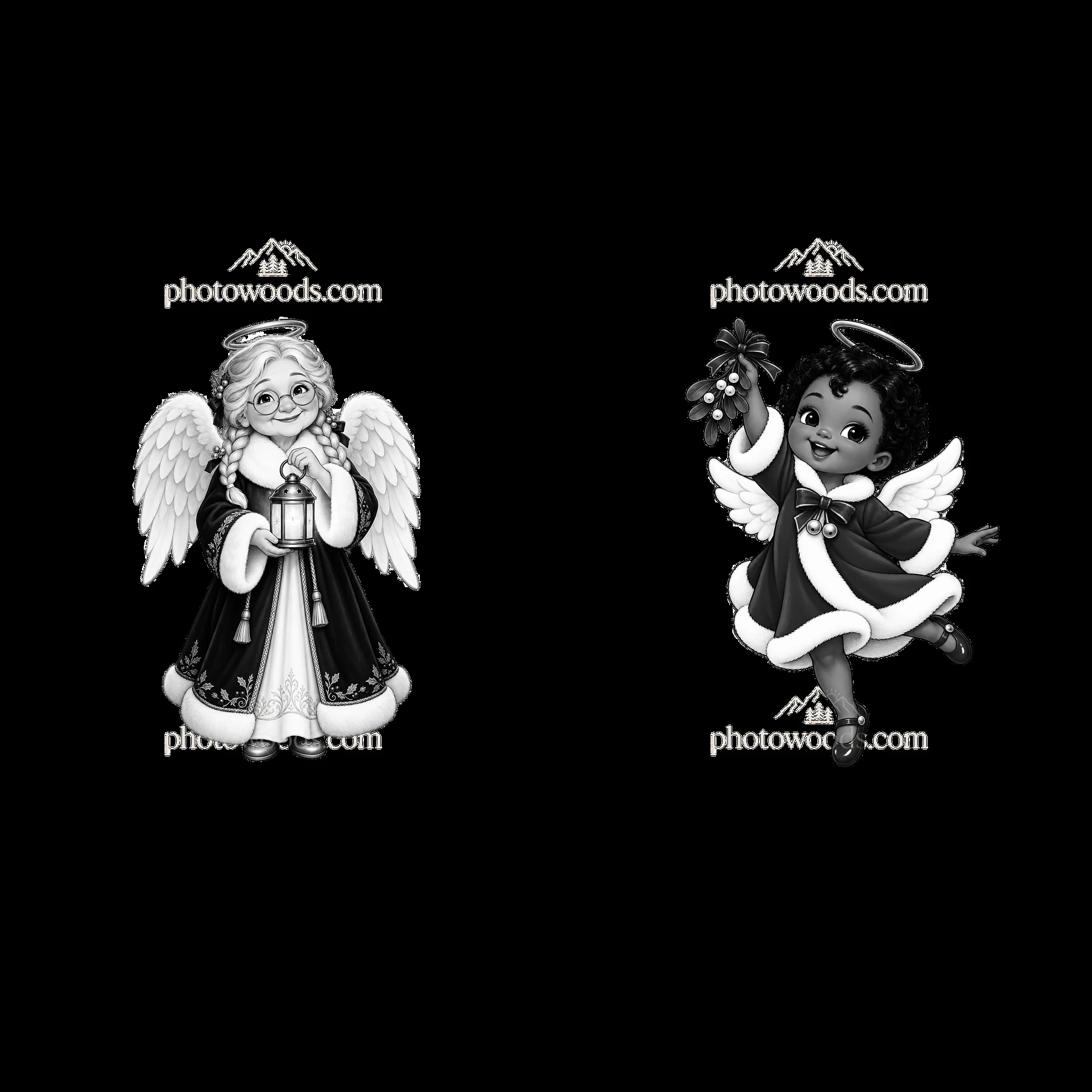 Christmas angels holding gifts and mistletoe in black and white - AI-generated stock image