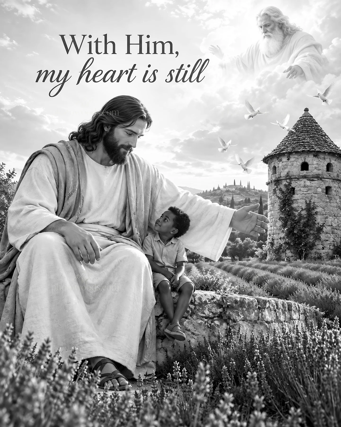 Jesus Christ comforting a child in a serene countryside setting - AI-generated stock image