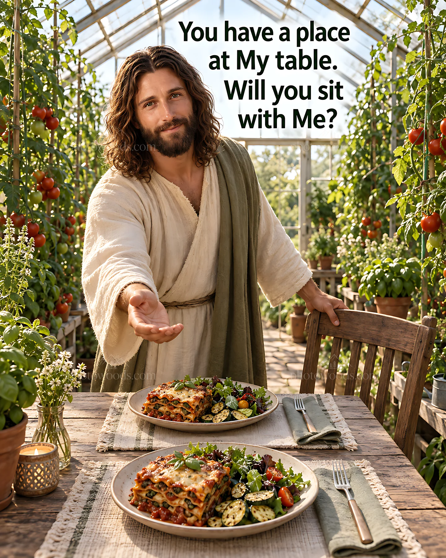 Invite to join a meal in a greenhouse setting - AI-generated stock image