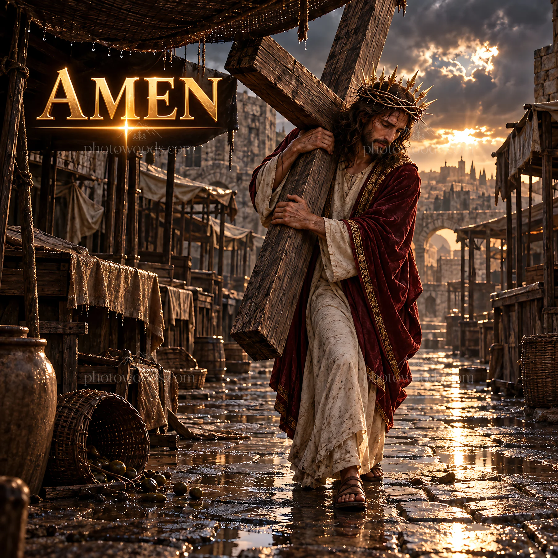 Jesus Christ carrying the cross through a market - AI-generated stock image