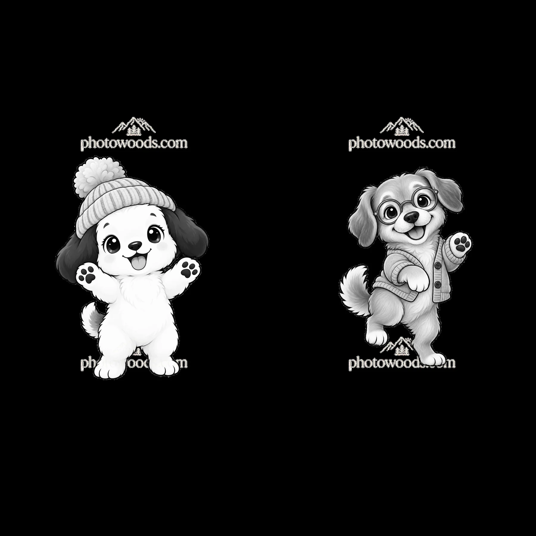 Cute dogs in winter outfits waving their paws - AI-generated stock image