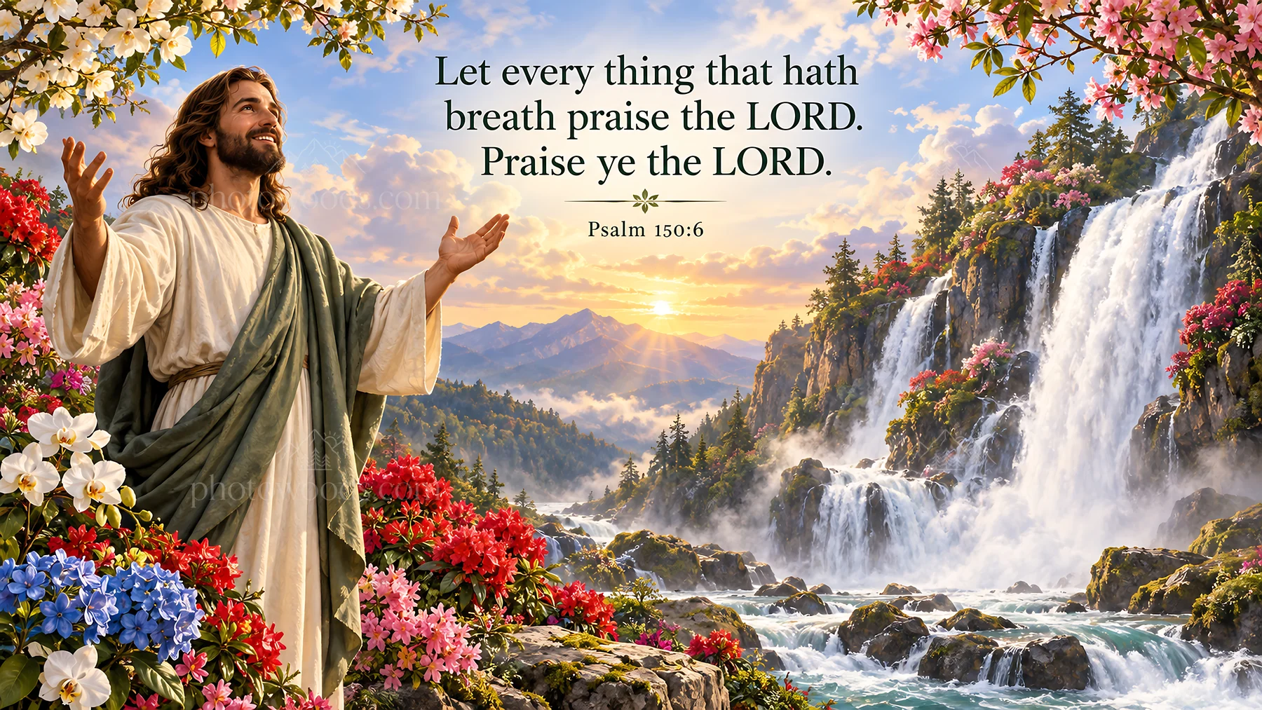 Jesus Christ welcoming praise in a beautiful natural setting - AI-generated stock image