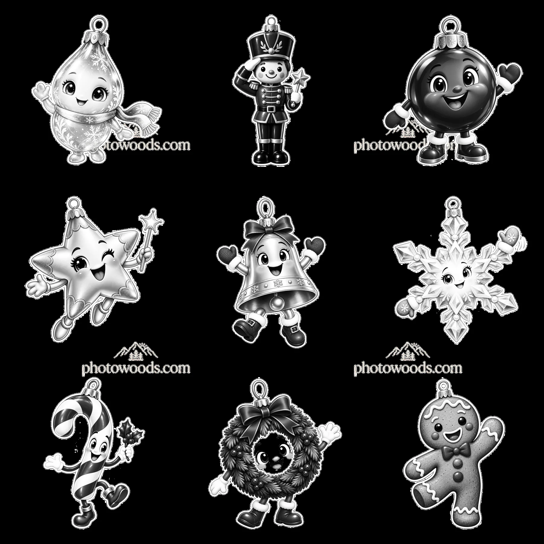 Monochrome nine cartoon figure stickers in a square arrangement - AI-generated stock image