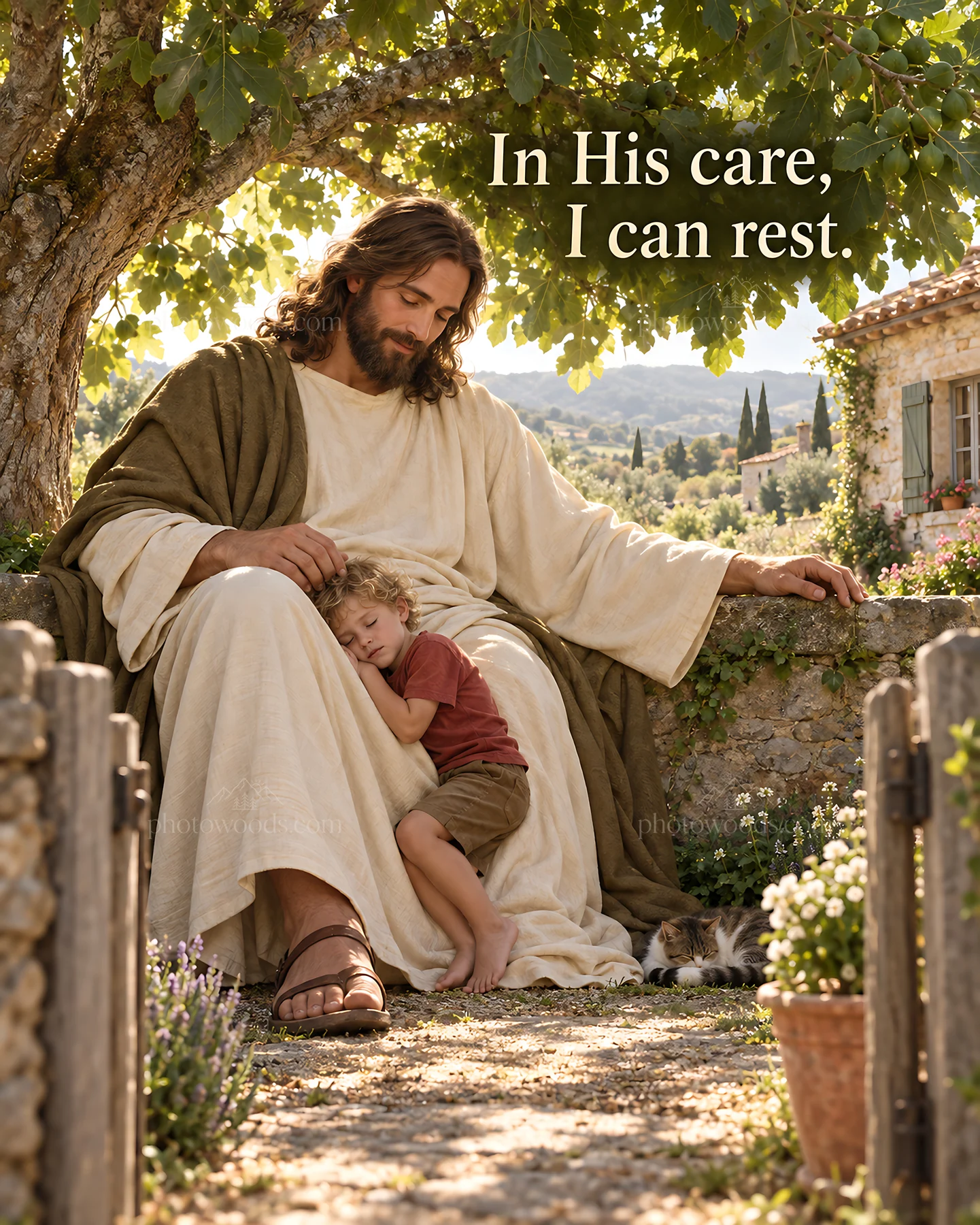 Jesus Christ comforting a child by a tree - AI-generated stock image