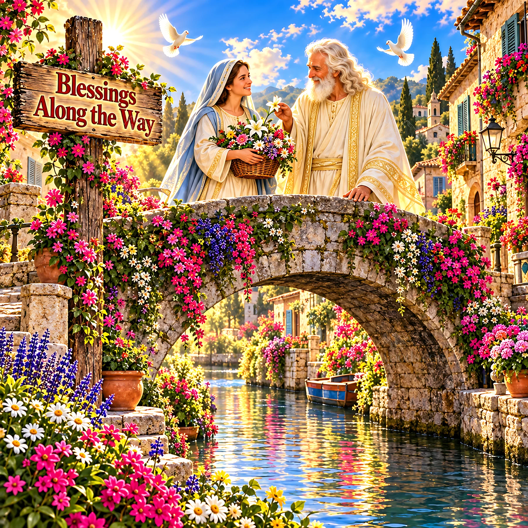 Jesus Christ shares blessings with a woman on a bridge - AI-generated stock image