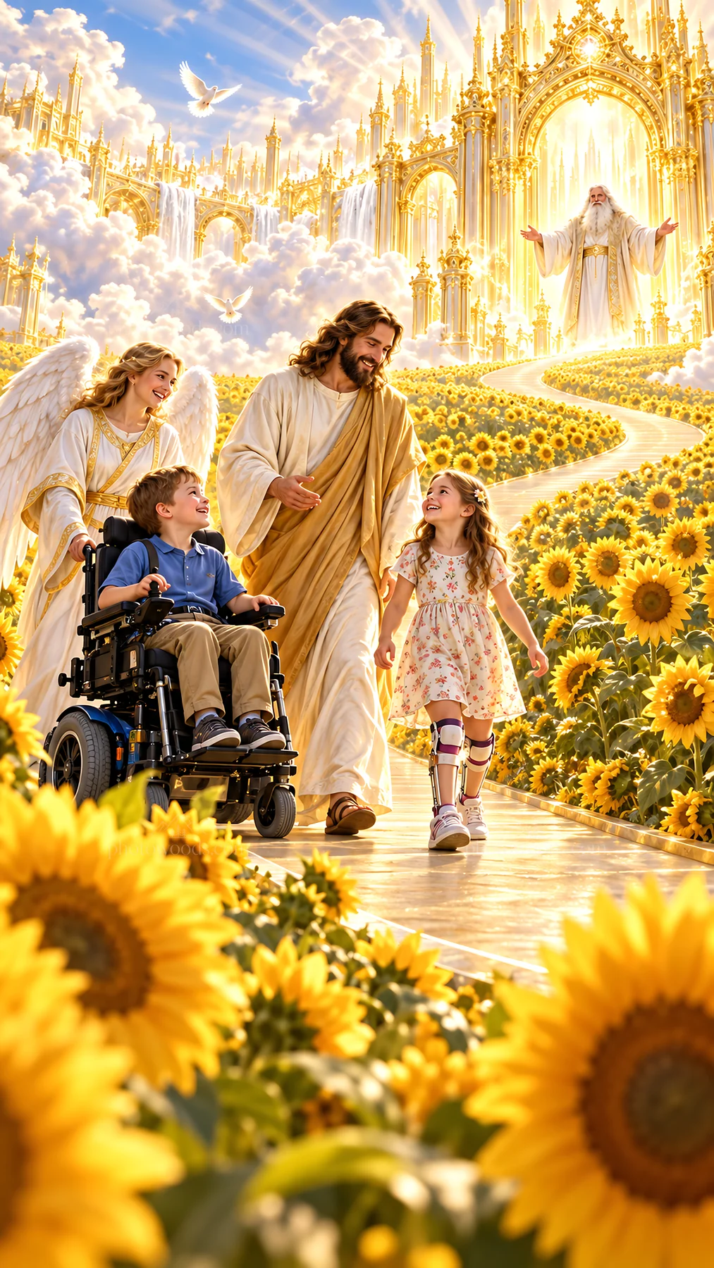 Jesus Christ walks with children in a bright garden - AI-generated stock image